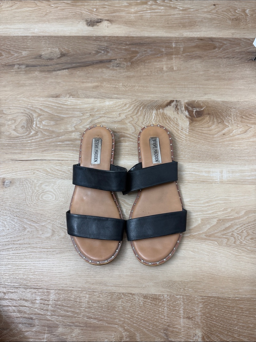 Steve Madden Black Double-Band Stud-Trim Slide Sandals